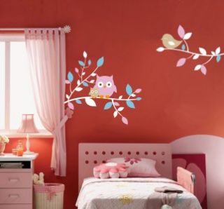 Owls and Bird on Branch Children Wall Decal Removable Vinyl Wall Decal 