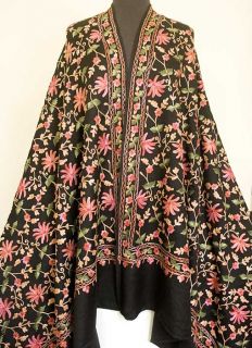Large, Crewel Embroidered, Kashmir, Wool Shawl. Black with Ari 