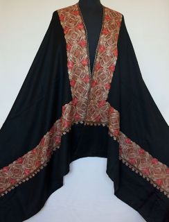 Large Crewel Embroidered Shawl. Tan & Coral Embroidery on Black Wool 