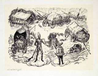 1969 Aquatone Print Alfred Kubin Art Croatian Camp Covered Wagons 
