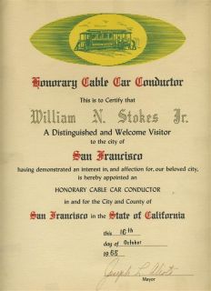  Car Conductor Certificate Signed Joseph L Alioto San Francisco