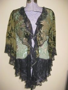 Spencer Alexis Green Black Lace Velvet Sequin Kimono Top Blouse Shrug 