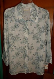 Alfred Dunner White Blue Embroidered Blouse 18W Floral Paisley
