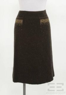 Alberta Ferretti Brown Tweed Wool & Beaded A line Skirt Size 12