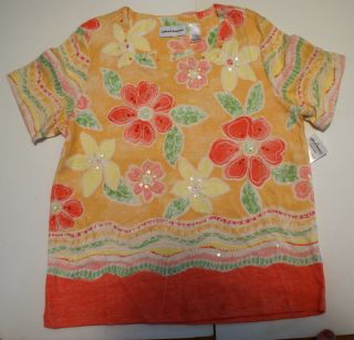 Alfred Dunner shirt size Medium, Orange Peach with Pink+Yellow Flowers 