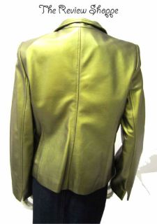 Linda Allard Ellen Tracy Metallic Leather Zip Up Jacket Olive Green 10 