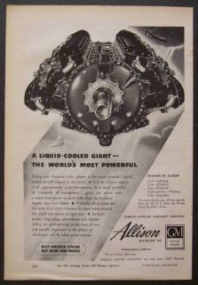 GM Allison Aircraft Engine 1944 vintage AD *Liquid Cooled Giant*