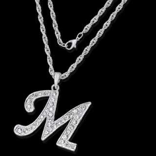 Alphabet Initial Letter M Silver Plated w Crystal Pendant Charm 