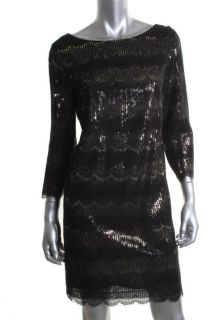 Ali Ro New Black Sequined Front Lace Overlay 3 4 Sleeve Cocktail Dress 
