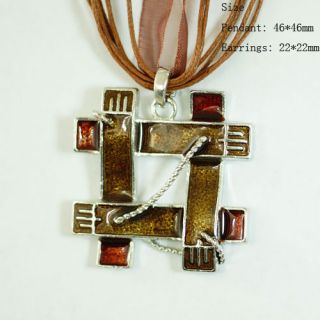 H7772 Ladys Brown Lattice Gemstone CZ Necklace Pendant Earrings Set 