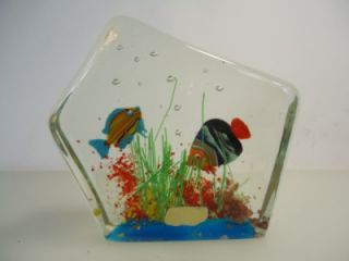 Vintage 1950s Italian Art Glass Aquarium Murano Fish Block w Label 
