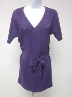 AMANDA UPRICHARD Purple Silk V Neck Short Sleeve Belted Mini Dress Sz 