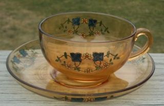 Painted Flower EAPG Amber Depression Glass Cup Saucer