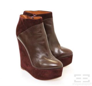   Burgundy Leather & Suede Wedge Heels Almond Toe Ankle Boots Size 39