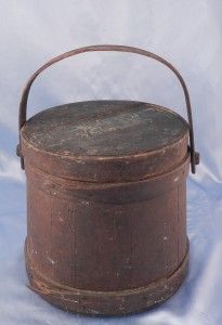 Antique American Folk Art Primitive Firkin Wood Bucket & Lid~Orig Red 