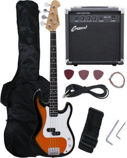 NEW Crescent SUNBURST Electric Bass Guitar Combo+Strap+Gigbag+15w AMP