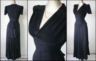 Vtg 30s 40s Long Black Holiday Cocktail Dress Rear Tiered Peplum s M 