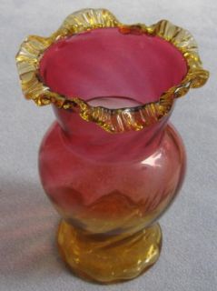 Vintage Antique Large Amberina Vase with Applied Crinkle Rim