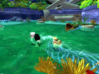 Carl and Russell swimming from an anaconda in UP The Video Game