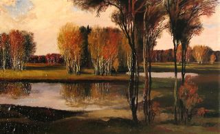 Ukrainian Oil Painting Autumn Lake by Anatoly Postoyuk, 1980s