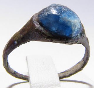 Ancient Roman Bronze Ring with Cobalt Blue Glass Stone 300 400 Ad 