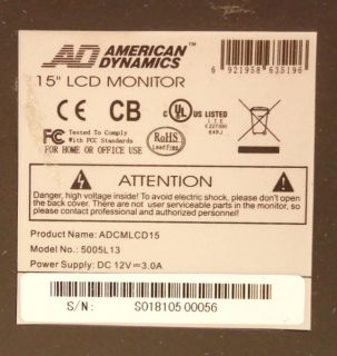 American Dynamics ADCMLCD15  500L13  15 Analog LCD Monitor  CCTV 