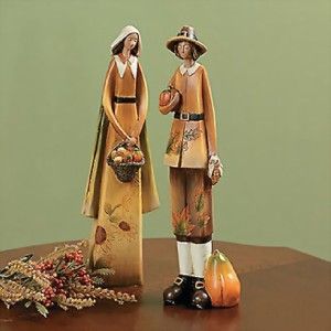 2pc Harvest American Settler Pilgrim Couple Statues Thanksgiving Fall 