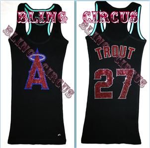 Bling Womens Mike Trout Sparkle Anaheim Angels Jersey Tank Top T Shirt 