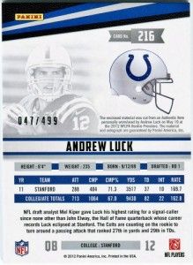 Andrew Luck 047 499 Auto Jersey Patch 2012 Panini Rookies Stars Colts 