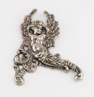 antiqued sterling ep rococo angel cherub pin w wings
