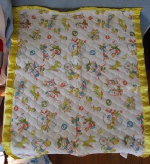 Baby Crib Blanket Quilted Animal Print Yellow Satin Border Chicks 