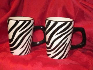 Roscher Black White Bamboo Zebra Print Mugs Set of 2 New
