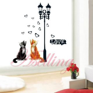 Love Two Cat Heart Lamp DIY Removable Art Vinyl Wall Sticker Decor 