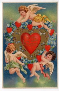 Valentine Postcard of Cherub Angels with Hearts and Flowers