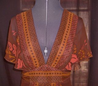 ANNA SUI ANTHROPOLOGIE Dress Brown Rust Geo Floral Silk Size 2