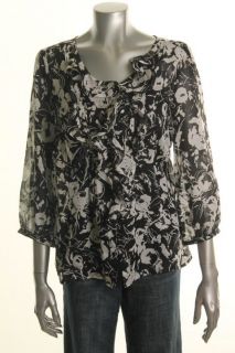 Anne Klein New Tuileries Black Ivory Printed Ruffled Button Down 