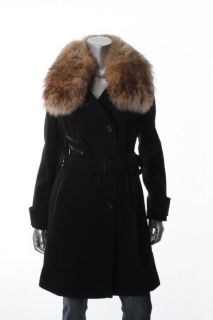 Andrew Marc New Black Belted Real Fur Collar Long Sleeve Wool Coat 8 