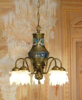 Antique Vintage Cloisonne Brass Bronze Chandelier Light Fixture w 