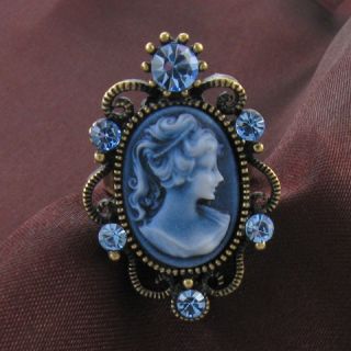 Antique Gold Vintage Style Cameo Ring Lady Blue Stone Crystal 