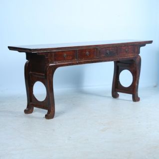 Antique Lacquered Chinese Console Table with Curved Legs Circle Motif 