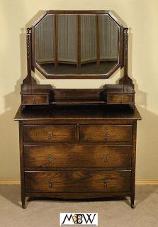 Antique English Dark Oak Dresser Vanity Chest w Mirror
