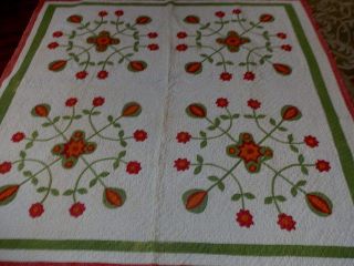 Antique Quilt Late 1800s Floral Reds Greens Yellows Whig Rose VG