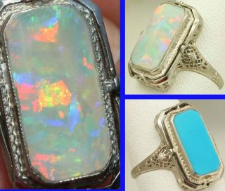    Art Deco Opal Persian Turquoise 14k Gold Filigree Cocktail Flip Ring