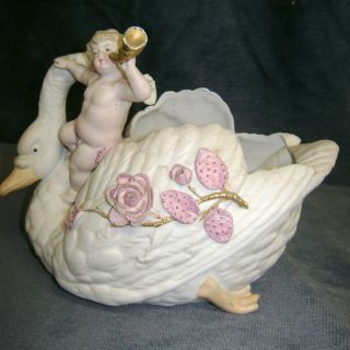 Antique Colored Bisque Porcelain Figurine Cherub Swans Vase Planter 