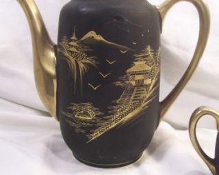 vintage japanese lithophane fine porcelain tea set black w heavy gold 