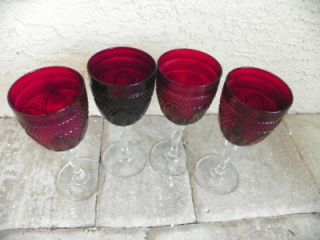   ANTIQUE LUMINARC FRENCH LACE RUBY RED WINE GLASS GOBLETS GLASSES OLD
