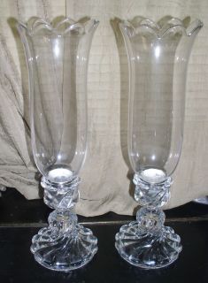 VINTAGE PAIR BACCARAT CRYSTAL SWIRL SCALLOPED CANDLE HURRICANE LAMP 