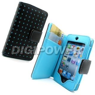 Blue Leather Polka Wallet Case Cover for Apple iPod Touch 4G 4th 
