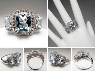   Carat Natural Aquamarine & Diamond Cocktail Ring Solid 14K White Gold