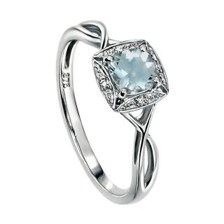 Aquamarine and Pave Diamonds Ring 9ct White Gold with Twist Size N 